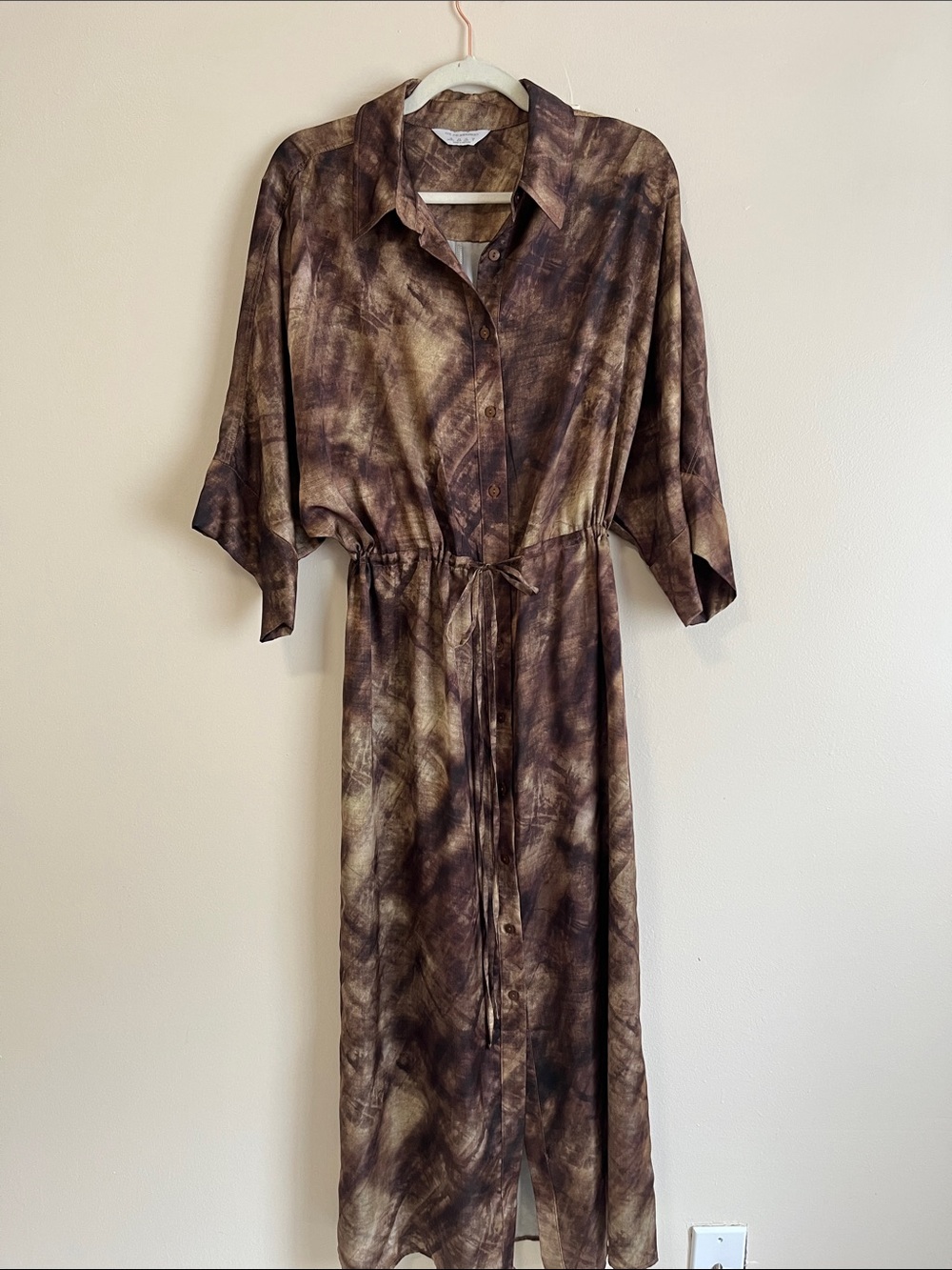 Brown Tie-Dye Maxi Shirt Dress with Drawstring Waist